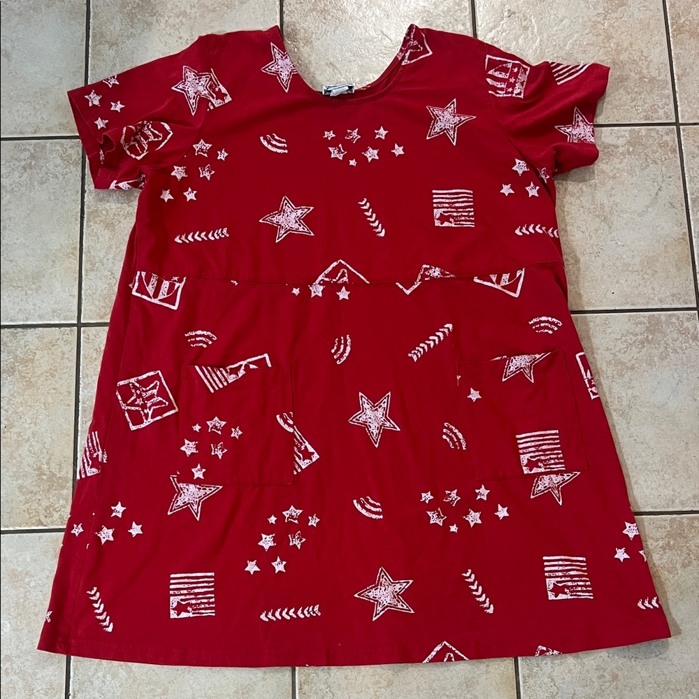 Vintage Jacqueline Studio Cotton Red Star Print Short Sleeve Tunic Dress,‎ Sz 3X